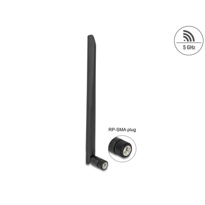 Delock WLAN 802.11 ac/ax/a Antenna RP-SMA plug 5 dBi 20 cm omnidirectional with tilt joint and flexible material black