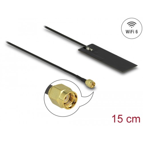 Delock WLAN WiFi 6 802.11 ac/ax/a/h/b/g/n Antenna RP-SMA plug 2 - 4 dBi 15 cm PCB internal self-adhesive