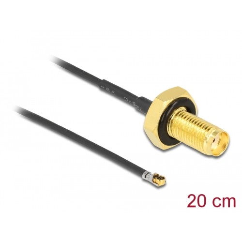 Delock Antenna Cable SMA jack bulkhead to I-PEX Inc., MHF® 4L LK plug 1.37 20 cm thread length 10 mm splash proof