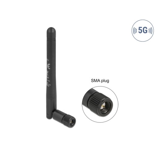 Delock 5G 3.3 - 5.0 GHz Antenna SMA plug -1.0 - 4.5 dBi 10.9 cm omnidirectional with tilt joint and flexible material black