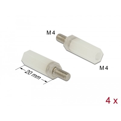 Delock Standoff M4 x M4, hexagon, inside / outside, 20 mm natural 4 pcs