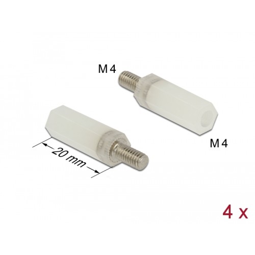 Delock Standoff M4 x M4, hexagon, inside / outside, 20 mm natural 4 pcs