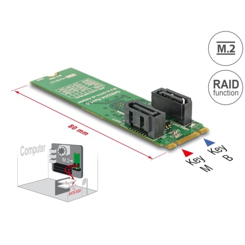 Delock Converter M.2 Key B+M male > 2 x SATA 7 pin male with RAID