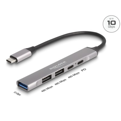 Delock 4 Port Slim USB Type-C™ Hub with 1 x USB 10 Gbps Type-A + 2 x USB 2.0 Type-A + 1 x USB 2.0 USB Type-C™ and PD 95 W