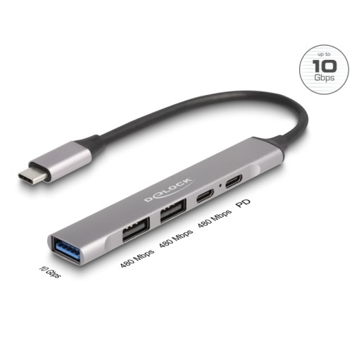 Delock 4 Port Slim USB Type-C™ Hub with 1 x USB 10 Gbps Type-A + 2 x USB 2.0 Type-A + 1 x USB 2.0 USB Type-C™ and PD 95 W