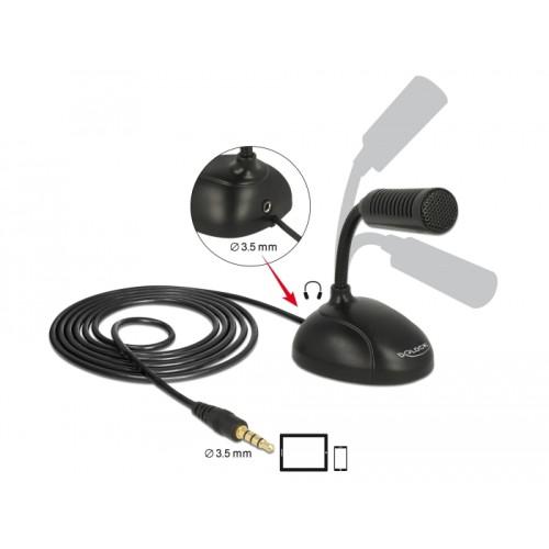 Delock Condenser Microphone Omni-Directional for Smartphone / Tablet with gooseneck 3.5 mm 4 pin stereo jack male + 3.5 mm stere
