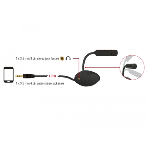 Delock Condenser Microphone Omni-Directional for Smartphone / Tablet with gooseneck 3.5 mm 4 pin stereo jack male + 3.5 mm stere