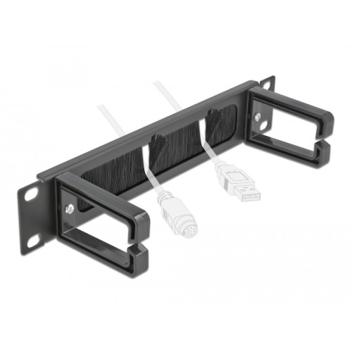 Delock 10″ Cable Management Brush Strip with 2 hooks 1U black