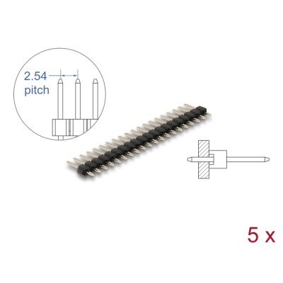 Delock Pin header 20 pin, pitch 2.54 mm, 1-row, straight, 5 pieces