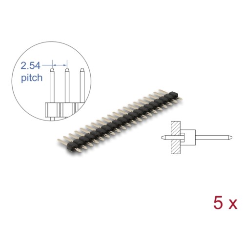 Delock Pin header 20 pin, pitch 2.54 mm, 1-row, straight, 5 pieces