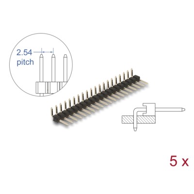Delock Pin header 20 pin, pitch 2.54 mm, 1-row, angled, 5 pieces