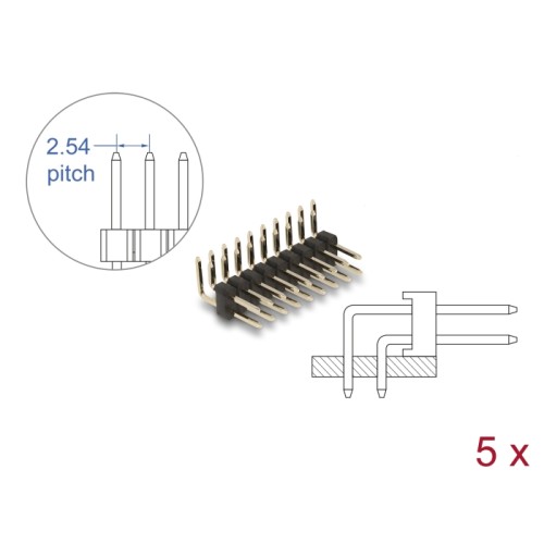 Delock Pin header 10 pin, pitch 2.54 mm, 2-row, angled, 5 pieces