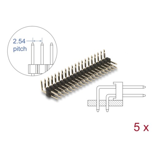 Delock Pin header 20 pin, pitch 2.54 mm, 2-row, angled, 5 pieces