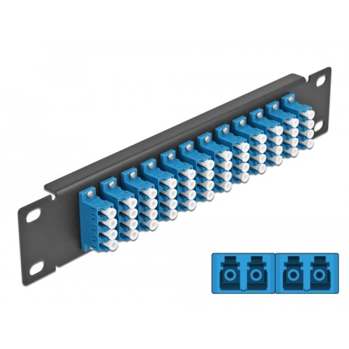 Delock 10″ Fiber Optic Patch Panel 12 Port LC Quad blue 1U black