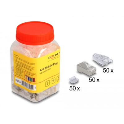 Delock RJ45 Modular Plug with curved latch Cat.6 and bend protection boots 50 pcs set