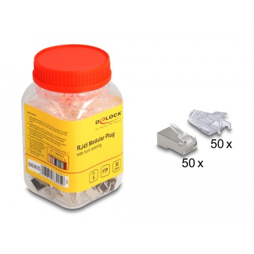 Delock RJ45 Modular Plug with front opening (easy connect) Cat.6 and bend protection boots 50 pcs set