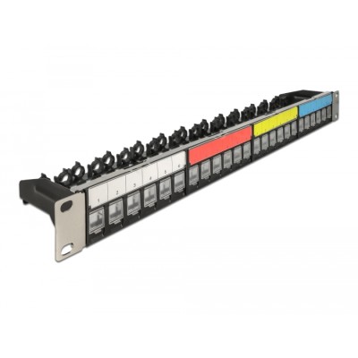 Delock 19″ Keystone Patch Panel 24 port with cable fixing rail, labelling field and dust protection 1U black