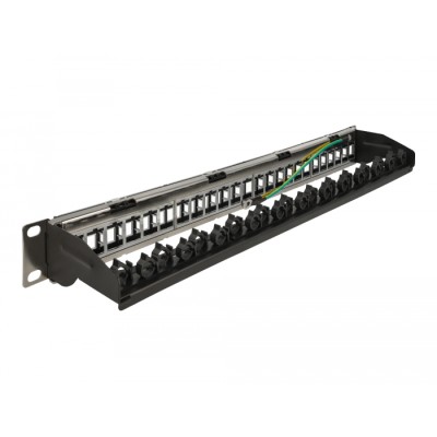 Delock 19″ Keystone Patch Panel 24 port with cable fixing rail, labelling field and dust protection 1U black 2