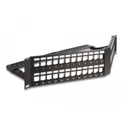 Delock 19″ Keystone Patch Panel 48 port with strain relief 2U angled black
