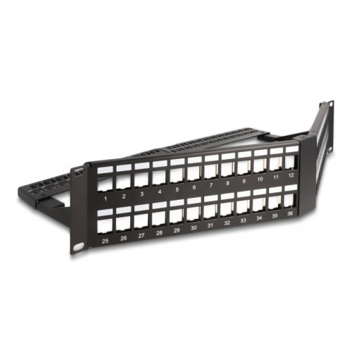Delock 19″ Keystone Patch Panel 48 port with strain relief 2U angled black
