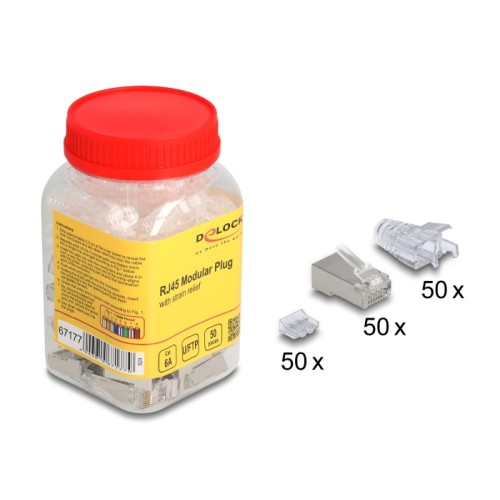 Delock RJ45 Modular Plug Cat.6A with bend protectection boots transparent 50 pcs set