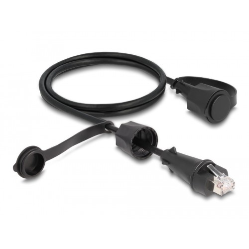Delock Network Cable RJ45 plug to RJ45 plug Cat.6 STP with protective cap outdoor IP68 dust- and waterproof black 1 m