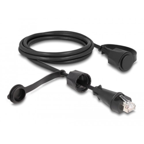 Delock Network Cable RJ45 plug to RJ45 plug Cat.6 STP with protective cap outdoor IP68 dust- and waterproof black 2 m