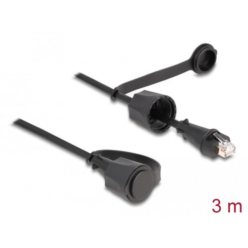 Delock Network Cable RJ45 plug to RJ45 plug Cat.6 STP with protective cap outdoor IP68 dust- and waterproof black 3 m
