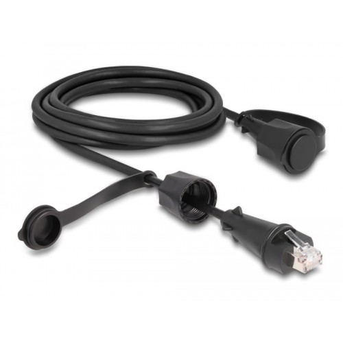 Delock Network Cable RJ45 plug to RJ45 plug Cat.6 STP with protective cap outdoor IP68 dust- and waterproof black 3 m
