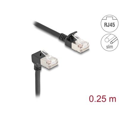 Delock RJ45 Network Cable Cat.6A S/FTP Slim 90° downwards angled / straight 0.25 m black