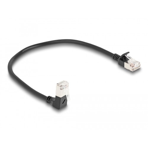 Delock RJ45 Network Cable Cat.6A S/FTP Slim 90° downwards angled / straight 0.25 m black