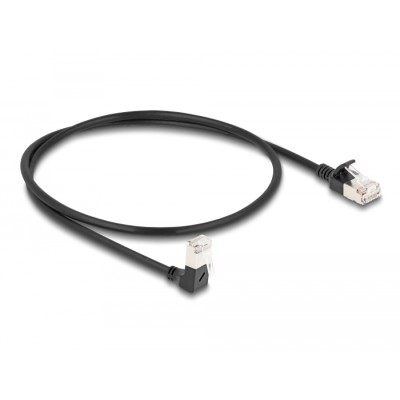 Delock RJ45 Network Cable Cat.6A S/FTP Slim 90° downwards angled / straight 0.5 m black 2