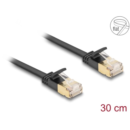 Delock RJ45 Network Cable Cat.6A plug to plug with robust latch and Cat.7 raw flat cable U/FTP 0.3 m black