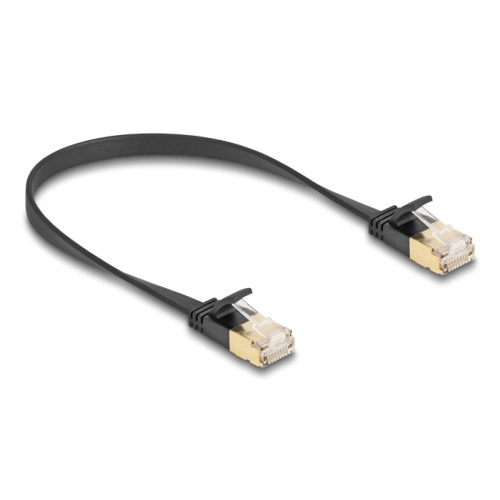 Delock RJ45 Network Cable Cat.6A plug to plug with robust latch and Cat.7 raw flat cable U/FTP 0.3 m black