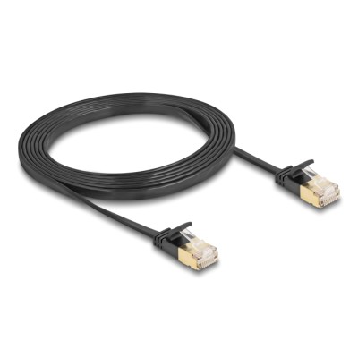 Delock RJ45 Network Cable Cat.6A plug to plug with robust latch and Cat.7 raw flat cable U/FTP 2 m black 2
