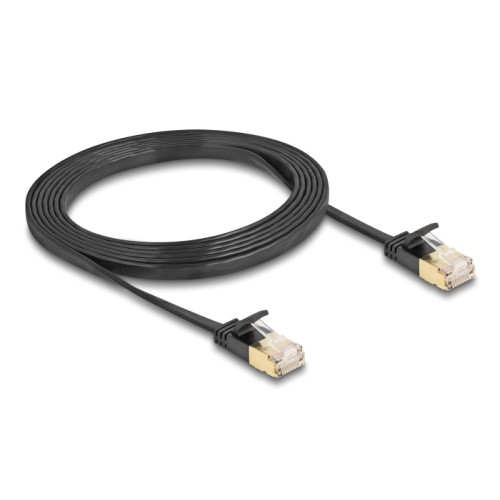 Delock RJ45 Network Cable Cat.6A plug to plug with robust latch and Cat.7 raw flat cable U/FTP 2 m black