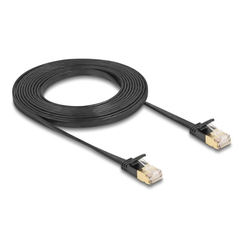 Delock RJ45 Network Cable Cat.6A plug to plug with robust latch and Cat.7 raw flat cable U/FTP 3 m black
