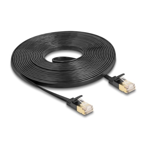 Delock RJ45 Network Cable Cat.6A plug to plug with robust latch and Cat.7 raw flat cable U/FTP 5 m black