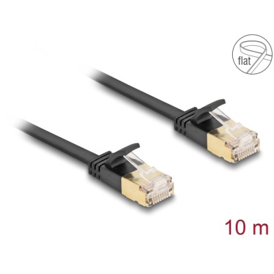 Delock RJ45 Network Cable Cat.6A plug to plug with robust latch and Cat.7 raw flat cable U/FTP 10 m black