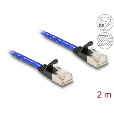 Delock RJ45 flat network cable with braided coating Cat.6A U/FTP 2 m blue