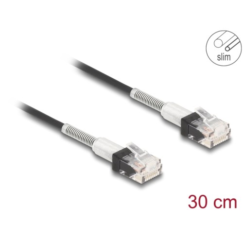 Delock RJ45 Network Cable with double bend protection Cat.6A UTP Slim 0.3 m black