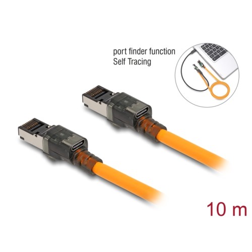 Delock RJ45 Network Cable with USB Type-C™ port finder function Self Tracing Cat.6A S/FTP 10 m orange