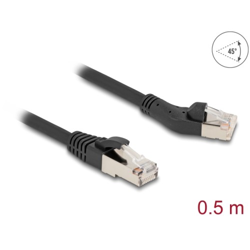 Delock RJ45 Network Cable Cat.8.1 S/FTP plug 45° left angled to plug straight up to 40 Gbps 0.5 m black