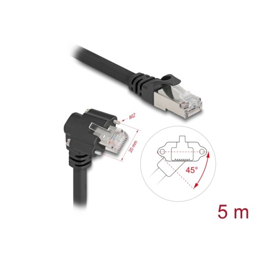 Delock GigE Camera Cable RJ45 plug 45° rotated and 90° angled with screws to RJ45 plug Cat.6 S/FTP 5 m black