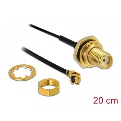 Delock Antenna Cable SMA jack bulkhead to MHF® I plug 1.13 20 cm thread length 10 mm splash proof