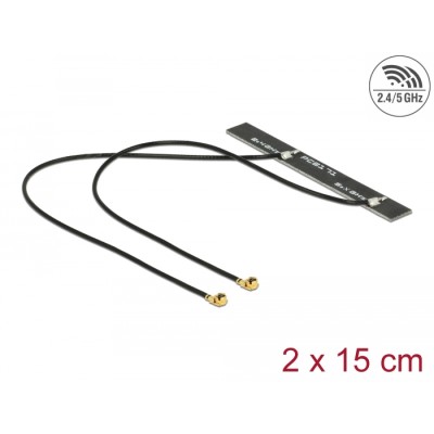 Delock Dual Band WLAN WiFi 6 Twin Antenna 2 x MHF® I plug 5 dBi 2 x 15 cm PCB internal self adhesive