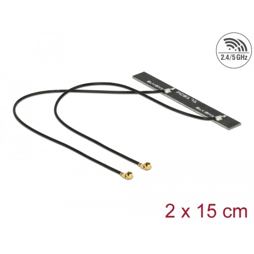 Delock Dual Band WLAN WiFi 6 Twin Antenna 2 x MHF® I plug 5 dBi 2 x 15 cm PCB internal self adhesive