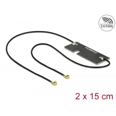 Delock WLAN 802.11 ac/a/h/b/g/n Twin Antenna 2 x MHF® I plug 3 - 5 dBi 1.13 2 x 15 cm PCB internal self adhesive