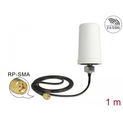 Delock WLAN 802.11 ac/a/h/b/g/n Antenna RP-SMA plug 1.4 - 3 dBi omnidirectional with connection cable (ULA 100, 1 m) white outdo