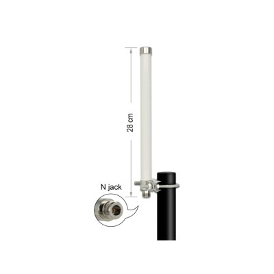 Delock WLAN 802.11 ac/a/h/b/g/n Antenna N jack 6 - 8 dBi 28 cm omnidirectional fixed pole mount white outdoor